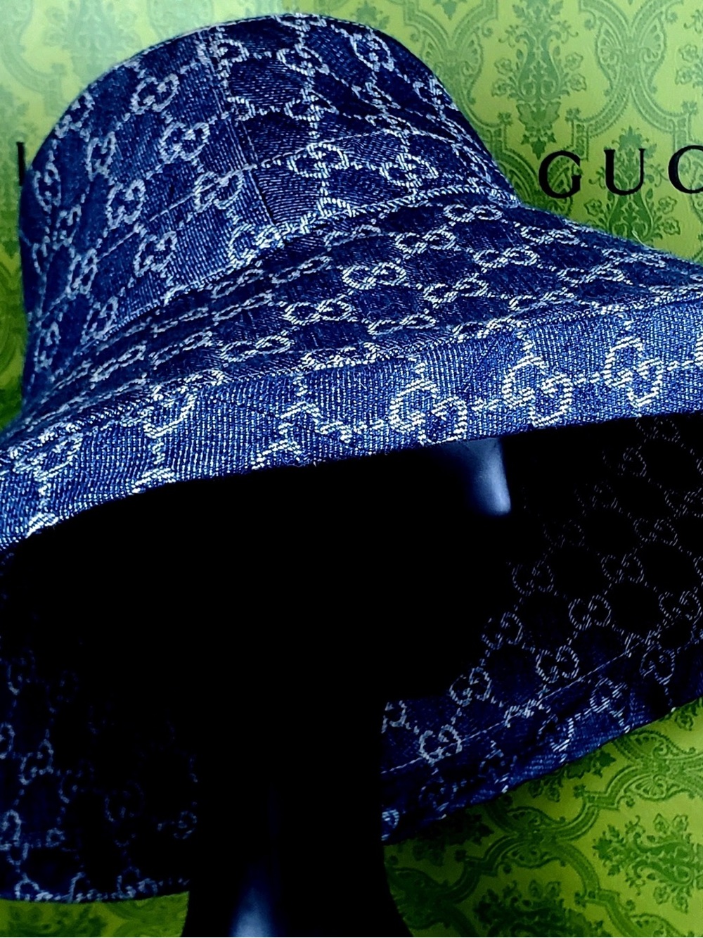 Denim Monogram Large Brim Bucket Hat Jacquard Navy Blue Canvas Sun Beach - Picture 9 of 13